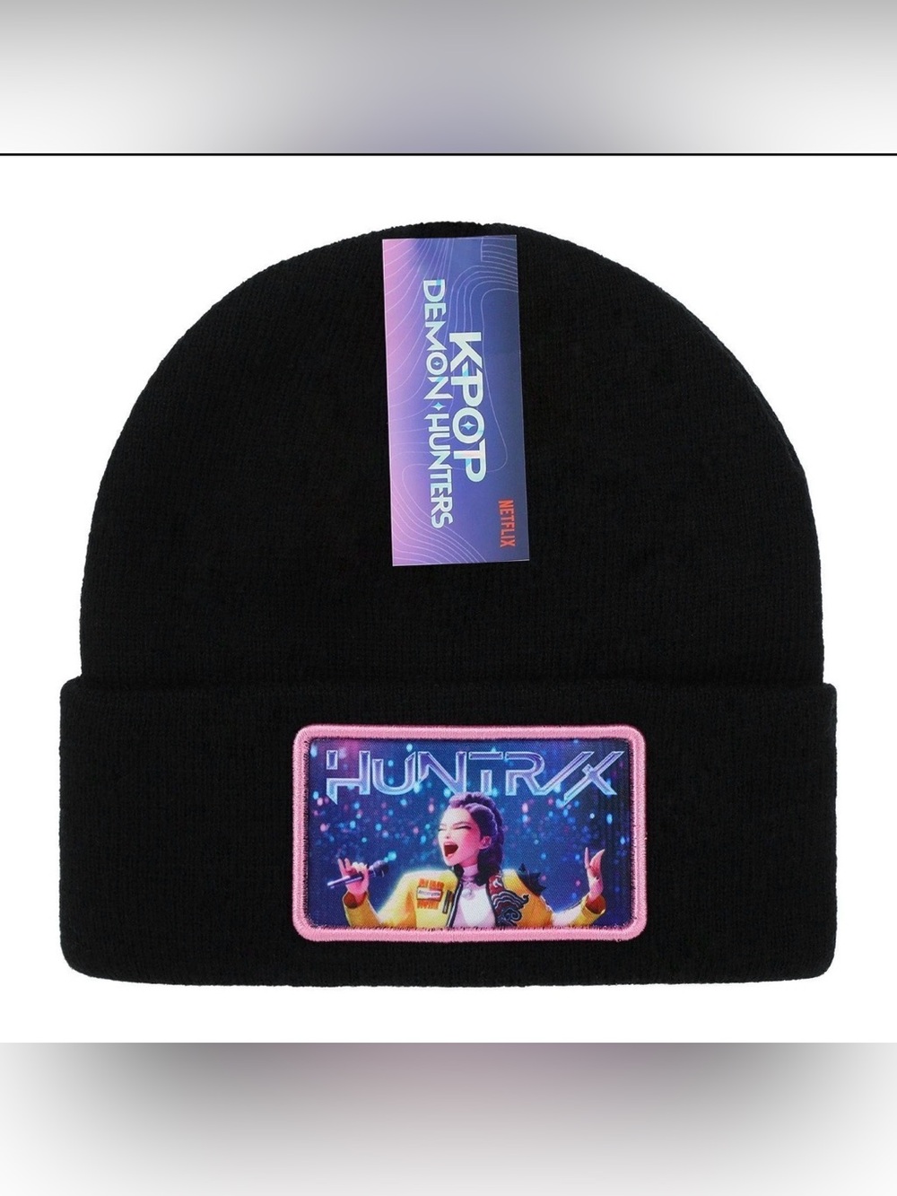 Netflix Black Beanie with Pink-Edged HuntRx Patch